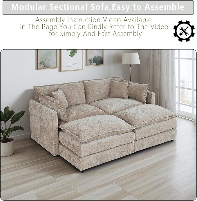 Setawix Deep Loveseat Couch with Ottomans,Large 2 Seater Lounger Cloud Couches for Living Room,77.16" Chenille Cloud Sofas with Deep Seat,Modular Sectional Sleeper Sofa for Bedroom (Coffee, 2+2)