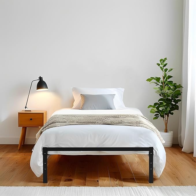 FurnitureR Modern Metal Platform Bed, Full/Twin/Single Size Bed Frame with 14.2" Under-Bed Storage, Sturdy Locking Mechanism, Easy Assembly for Bedroom or Guest Room, Black (Single)