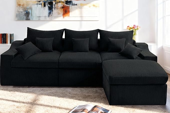 HABUTWAY 104" L Shaped Cloud Sectional Couch, Boneless Modular Sectional Sofa with Deep Seat, Corduroy Couches for Living Room, Modular Couch, No Assembly Required (Black)