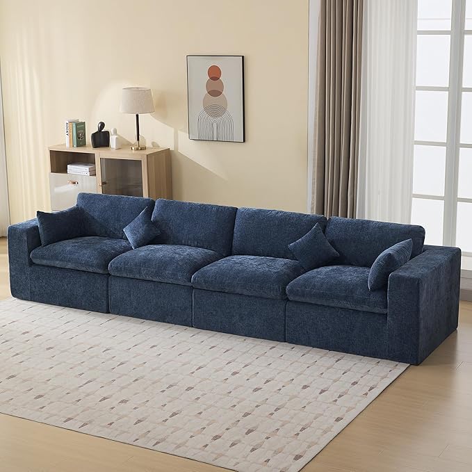 146''Cloud Boneless Sectional Couch, Modular Sectional Sofa Deep Seat, Oversized Upholstered Convertible Comfy 4 Seater Chenille Memory Foam Sofa Couches for Living Room, Navy