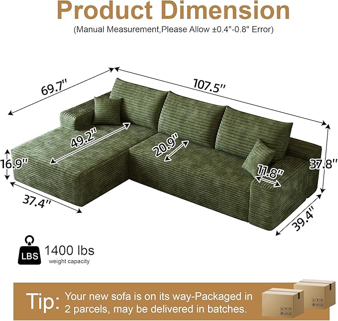 108" Sectional Couches for Living Room Cloud Couch Sofa with L-Shape Upholstered Boneless Couchs Modern Modular Sectional Couch with Chaise (Green, 108" Left Facing Chaise+2Seaters)