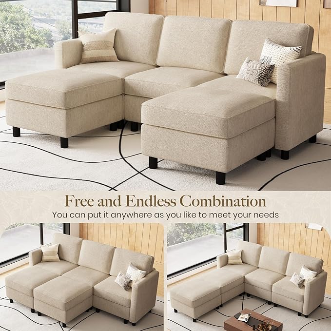Belffin 84.3" 5 Seats U Shaped Couch Modular Sectional Sofa Washable Sectional Couches for Living Room Comfy Couches with Storage Seat Couch Sofas with Chaise,Beige