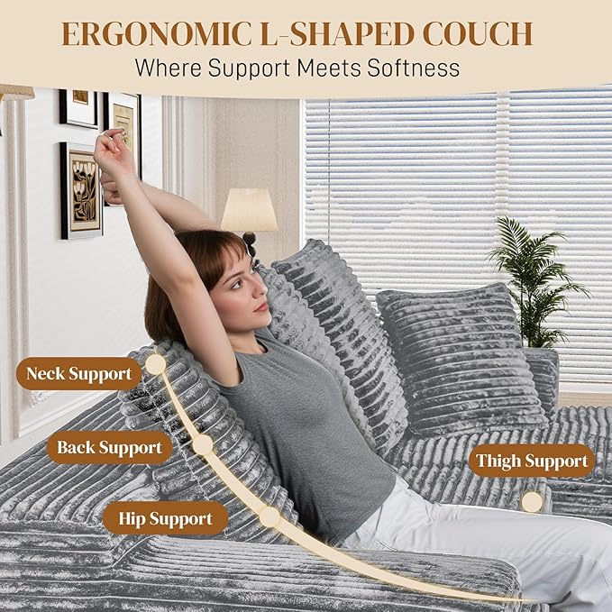 108" L Shaped Boneless Sectional Couches for Living Room, Comfy Corduroy Floor Cloud Sofa with Chaise, Wide Armrest, Deep Seat, Memory Foam, Assembly Free, Ideal for Small Spaces, Grey