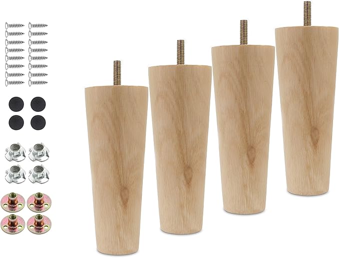4pcs 6 Inch Wood Furniture Legs, Straight Conical Solid Wood Sofa Legs, Mid-Century Style Furniture Feet for Sofa Cabinet Table Cupboard Couch Ottoman Home DIY Projects