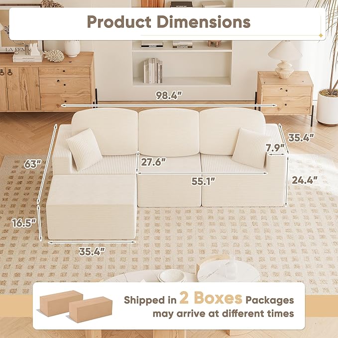 YESHOMY 98.4" Boneless Couches for Living Room, Comfy Modular Sectional Couch, Cloud Couch with Deep Seat, L-Shaped Sofa with Ottoman, Beige