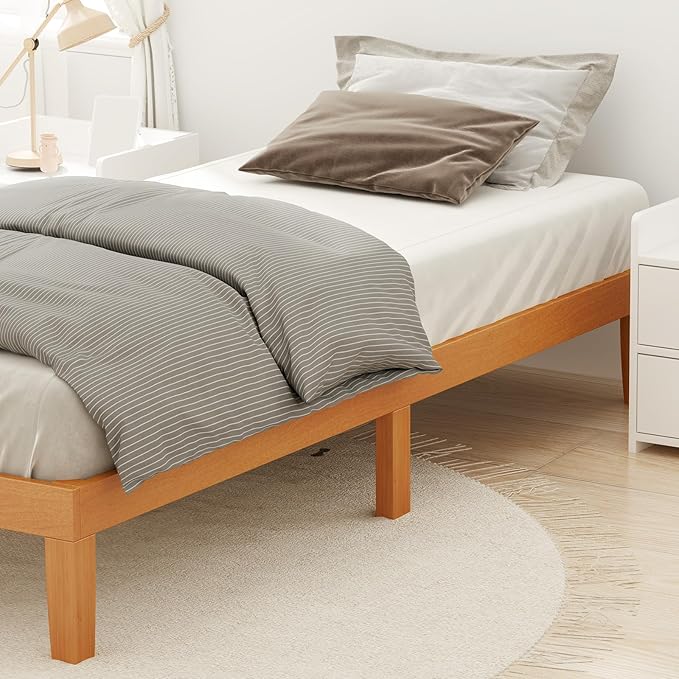 Sweetcrispy Twin Size Wood Platform Bed Frame, Solid 700LBS Heavy Duty Bed Base with Wooden Slat Support, Sturdy, Stylish & Noise-Free Design, No Box Spring Needed, 12IN Natural Pine
