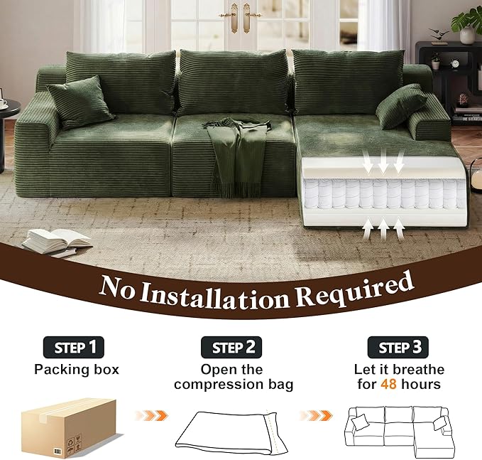 97" Cloud Couch Sectional, L-Shaped Corduroy Fluffy Modular Sofa with Deep Seat, Boneless Comfy Couches for Living Room,Bedroom,Right Facing Chaise, No Assembly Required (Green)