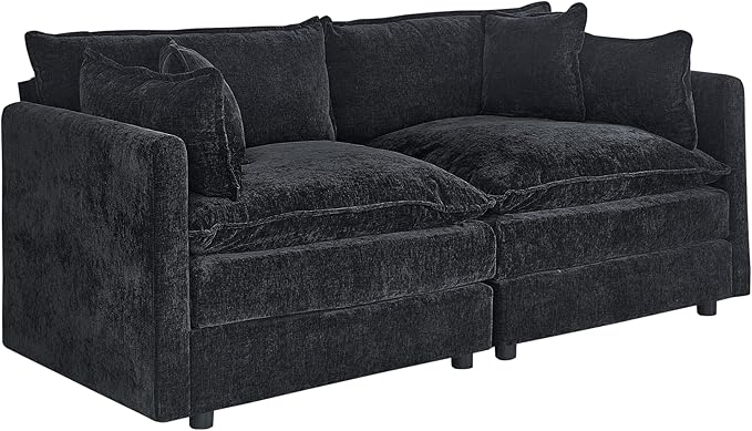 Setawix Chenille Loveseat Sofa Couch with Deep Seat,Large 2 Seater Cloud Couches for Living Room,77.16" Roomy Cloud Sofas,Modular Sectional 2 Seat Sofa with Pillows for Bedroom. (Black, 2 Seater)