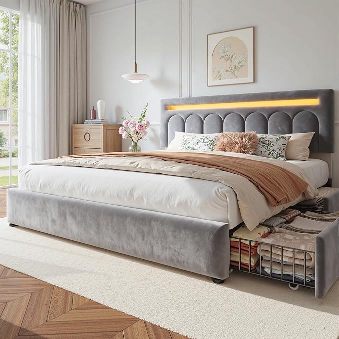 Homkdom Velvet Upholstered King Size Bed Frame with 4 Storage Drawers, Vertical Arched LED Headboard, Sturdy Wood Slats Support, No Box Spring Needed, Grey
