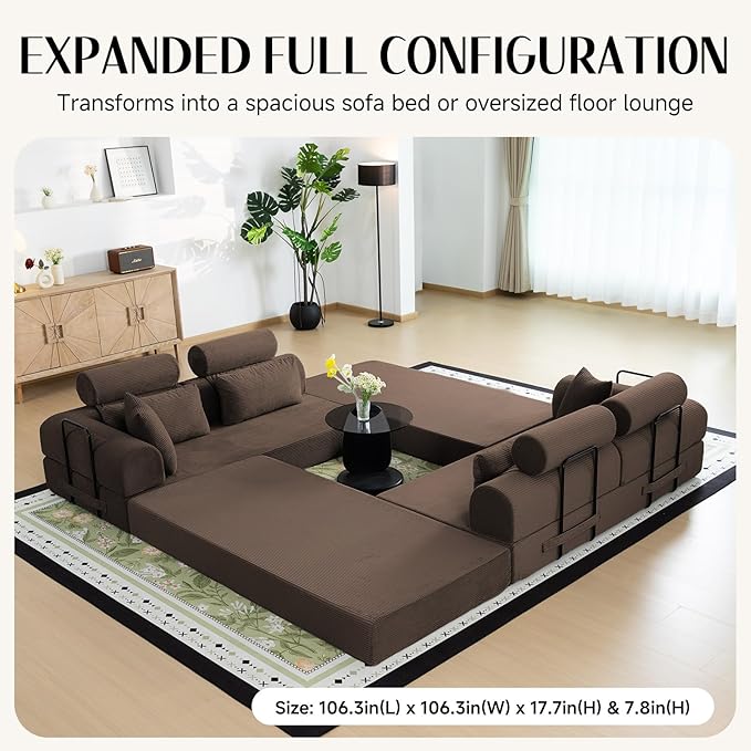 106" L-Shaped Modular Boneless Couch, 2-Piece System (2×70.87"), Convertible Sectional to 141.7" Straight Sofa, Corduroy Couch in a Box, Headrest & Back Pillows for Living Room，Brown
