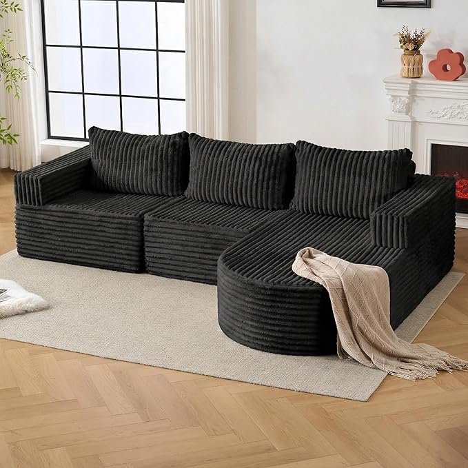 103”Boneless Couches for Living Room, L-Shaped Modular Sectional Sofa with Chaise, Modern Corduroy Cloud Couch with Deep Seat, Comfy Sponge Compression Convertible Sofas