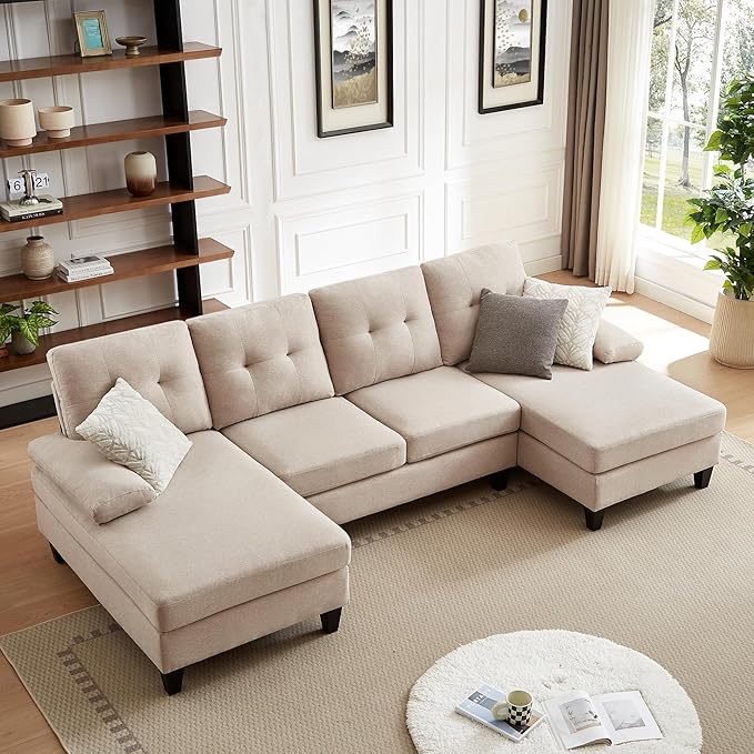 111" Sectional Couch for Living Room, Modern Polyester Fibre U Shaped Sofa Couches with Double Chaise, Upholstered 4 Seater Sofa for Living Room, Apartment, Office, Beige