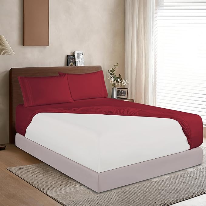 Elegant Comfort 1500 Premium Hotel Quality 18-24 Inches Deep - Extra Deep Pocket Single Fitted Sheet for High Mattress, Luxury and Softest, Smart Pocket - Wrinkle Free, Twin/Twin XL, Burgundy