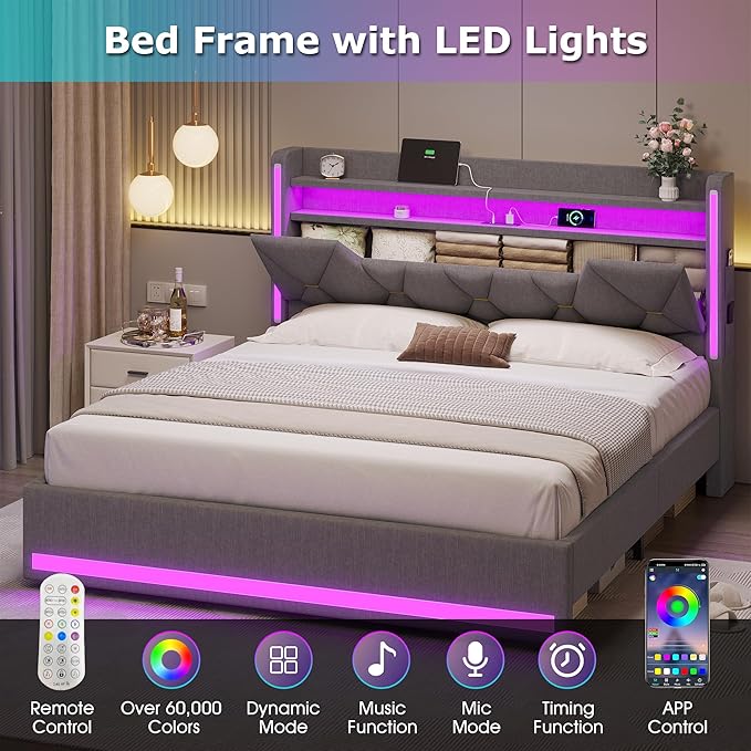 busyaeh Queen Bed Frame with Storage Headboard, Metal Bed Frame with LED Lights & Charging Station, Upholstered Queen Bed with Marshmallow Headboard, No Box Spring Needed, Easy Assembly，Dark Gray
