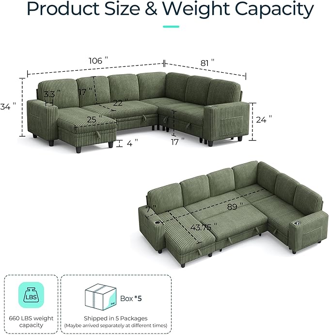 LINSY HOME Sectional Sleeper Sofa with Pull Out Couch Bed for Living Room (Green) | Plush Corduroy, Storage Ottoman, Storage Chaise, Pull Out Couch, USB Charging