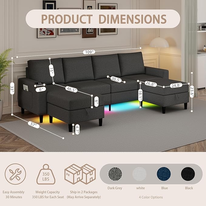 Sectional Couches for Living Room, 109" U Shaped Cloud Couch with Chaise Lounge/Storage Ottoman, 4 Seat Linen Sectional Sofa with Smart Module-Wireless Charging/USB/Type-C/RGB Lights (Dark Grey)