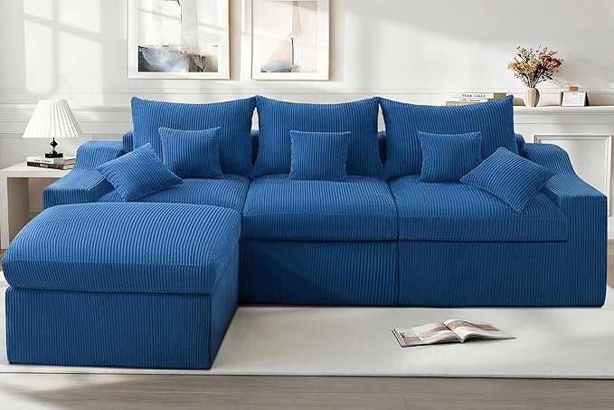 HABUTWAY 104" L Shaped Cloud Sectional Couch, Boneless Modular Sectional Sofa with Deep Seat, Corduroy Couches for Living Room, Modular Couch, No Assembly Required (Blue)