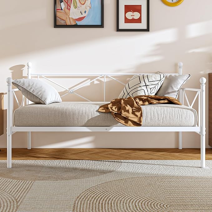 VECELO Twin Daybed Frame, Metal Day Bed with Stylish Headboard, Multifunctional Platform Beds for Bedroom, Living Room, Guest Room, No Boxing Spring Needed, Pure White