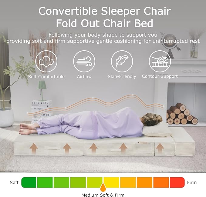 Folding Sofa Bed, 4 in 1 Convertible Sleeper Chair with Pillow, Twin Memory Foam Fold Out Chair Bed, Modern Floor Futon Sofa Couch Mattress for Living Room/Guest/Apartment, Beige | Fold out chair bed, Futon sofa bed, Extra bag included, All foam made, ...