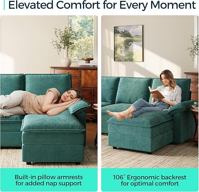 LINSY HOME Modular Sectional Couches, 115" U Shaped Cloud Sofa with Versatile Console, Chenille 4-Seat Sofa Set for Living Room, Apartment, Office, Green