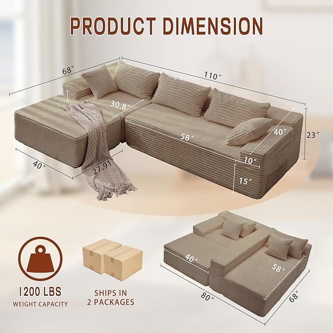 110" L-Shaped Modular Sectional Sofa with Chaise, Boneless Comfy Corduroy Fluffy Couch with Deep Seat and Side Pockets, Flexible Module Combination for Living Room, No Assembly, Side Pockets