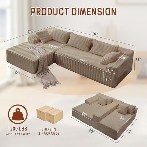 110" L-Shaped Modular Sectional Sofa with Chaise, Boneless Comfy Corduroy Fluffy Couch with Deep Seat and Side Pockets, Flexible Module Combination for Living Room, No Assembly, Side Pockets