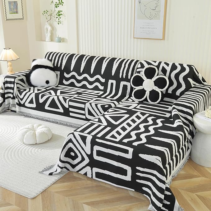 OstepDecor Boho Sectional Couch Covers 2 Pieces, L Shaped Sofa Cover, Chenille Couch Cover for Dogs Washable, Couch Cover Blanket, Sofa Slipcover for 2-3 Cushion Couch (71"x102"+71"x118", Black)