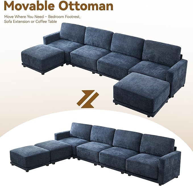 143.8" Modular Sectional Sofa Modern Chenille U Shaped Couch with Thickened Seat Cushions, Easy Assembly, Upholstered 6 Seater Couch with 2 Movable Ottomans for Living Room, Blue