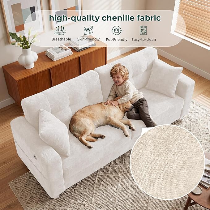 87" Loveseat Sofa for Living Room, Modern Chenille Cloud Couch with USB/Type-C Charging Ports, Side Pockets, Removable Cover, Wide Armrests, Small Couch for Small Space, Easy Assembly, Beige