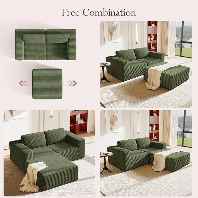 Vesgantti 80" Modular Sectional Sofa, Corduroy Cloud Couch with Deep Seats & Spring Support, Compact 2 Seater Boneless Couch, L-Shaped Modular Sofa for Small Spaces, Apartments, No Assembly, Green