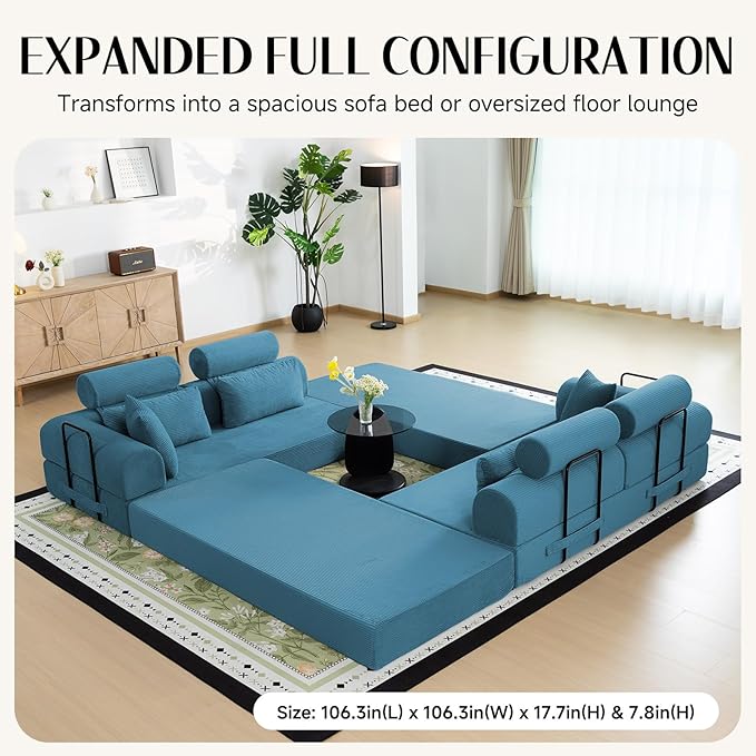 106" L-Shaped Modular Boneless Couch, 2-Piece System (2×70.87"), Convertible Sectional to 141.7" Straight Sofa, Corduroy Couch in a Box, Headrest & Back Pillows for Living Room, Ocean Blue