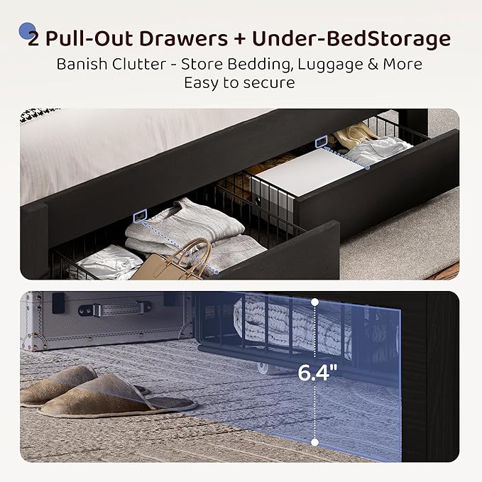 BRELTAM Bed Frame Queen Size with 2 Storage Drawers and 2-Tier Headboard,Upholstered Wood Platform Bed with Charging Station, LED Lights,Noise-Free/Metal Support/No Box Spring Needed,Black