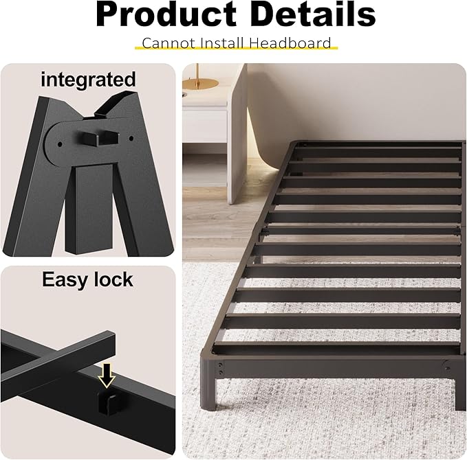 Yicensen 4 Inch Low Bed Frame Queen Rounded Corner No Box Spring Needed, Heavy Duty Metal Queen Size Platform Bed Frame, Easy Assembly, Noise Free, Black