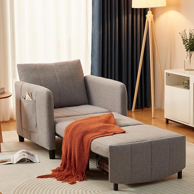 ZZW Sleeper Chair, 84" Extra Long Convertible Chair Bed, Upgraded 3-in-1 to 4-in-1 Pull Out Chair & Single Sofa Bed for Adult, Sleeping Chair for Living Room, Small Space (Light Grey)