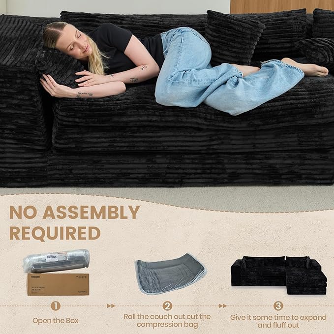 Belffin Boneless Cloud L Shaped Couch with Deep Seat Plush Corduroy Boneless Modular Cloud Sectional Couches for Living Room. Right Facing Chaise. Black Sofa
