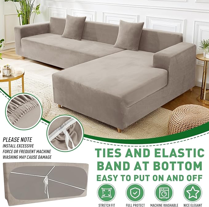 ZNSAYOTX 2026 Soft Velvet Sectional Couch Covers, Luxury Plush Slipcovers with Elastic Bottom for L Shape Sectional Sofa, 2 Pcs Pet Friendly Protector (3 Seat Couch + 3 Seat Chaise, Khaki)