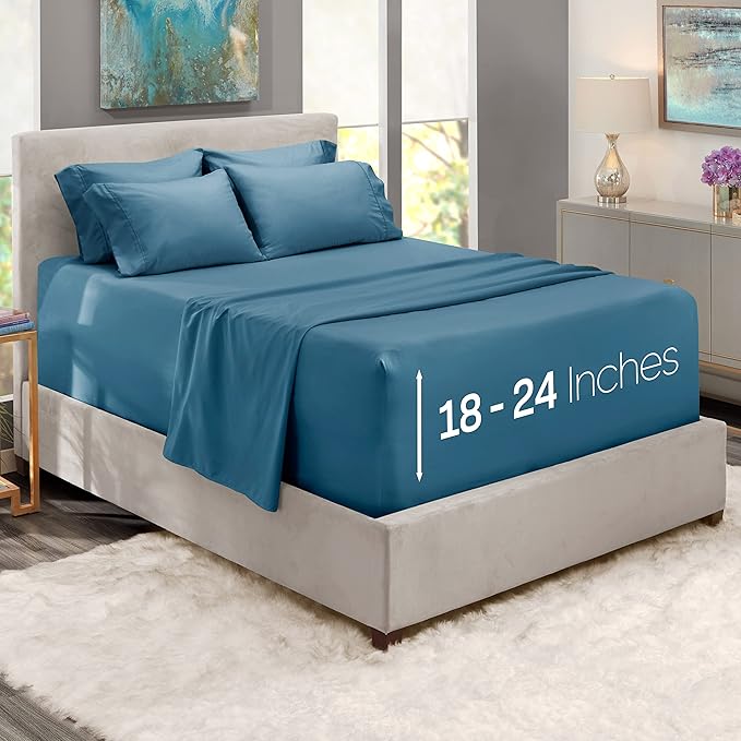 Hearth & Harbor Extra Deep Pocket Sheets - Fits Mattress 18-24 Inches Deep - Extra Deep Pocket Twin Sheets Sets - 4 Piece Twin Size - Blue Heaven
