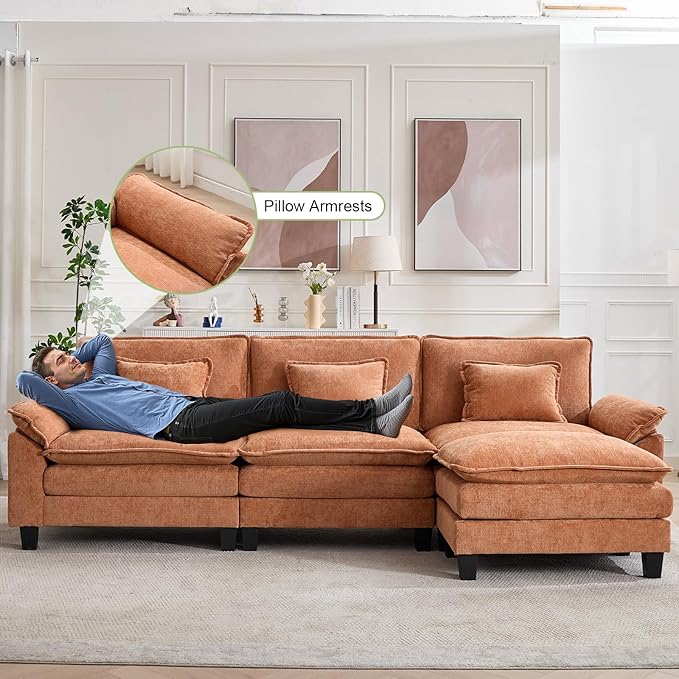 120" Modular Sectional Sofa, Comfy Cloud Couch Sectional Sofa with Ottoman, Chenille Sofa Sleeper Deep Seat Sofa with Throw Pillows for Living Room (Orange, 120"- L Shape)