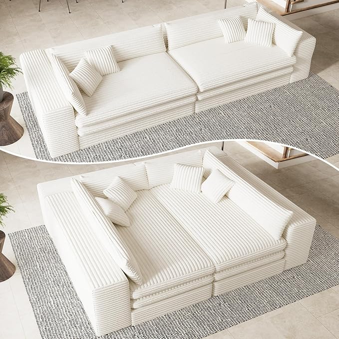 Belffin Plush Corduroy Boneless Cloud Couch with Deep Seat Convertible Sleeper Sofa Bed Cloud Boneless Sectional Couch No Assembly Required. Beige Sofa