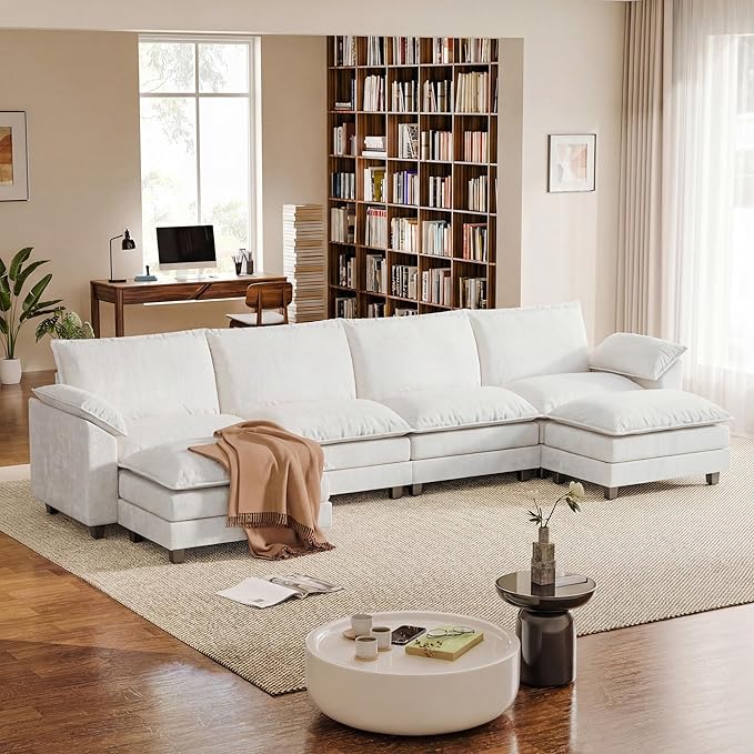 Modular Sectional Sofa with Double Layer Cushion, U Shaped Cloud Couch with 2 Movable Ottoman & Deep Seat, Oversized Chenille Sofa Couches for Living Room and Apartment (White, U Shaped Sofa)