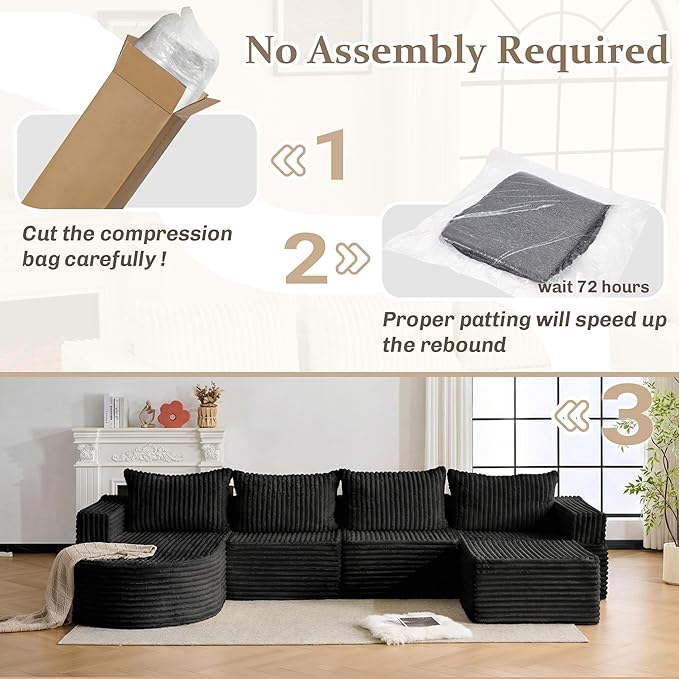 132” Boneless Couches for Living Room, L-Shaped Modular Sectional Sofa with Chaise & Ottoman, Modern Corduroy Cloud Couch with Deep Seat, Comfy Sponge Compression Convertible Sofas