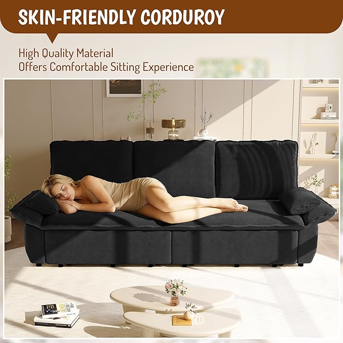 KEIKI 94.5" King Pull-Out Sofa Bed, 3-in-1 Convertible Couch with Reclining Comfort, Soft Corduroy Cloud Seating for Movie Nights, Game Rooms & Large Living Spaces