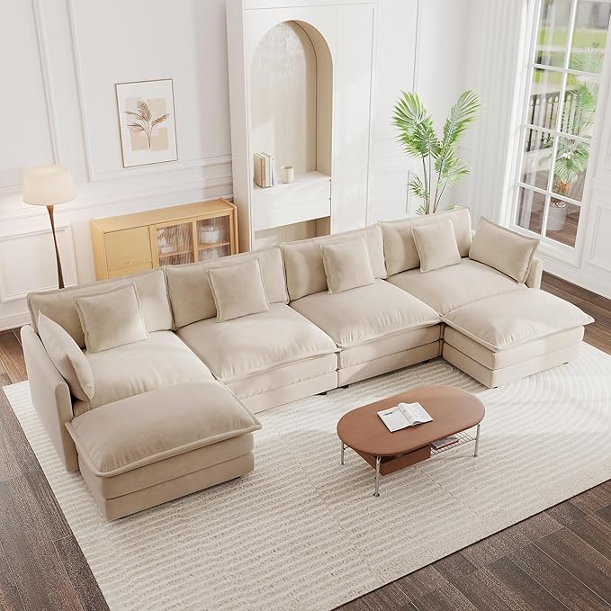 mikibama Modular Sectional Sofa, 146.5 Inch U Shaped Couch Set for Living Room, 4-Seater Comfy Cloud Couches with Two Movable Ottoman, DIY Combination, Chenille, Light Coffee