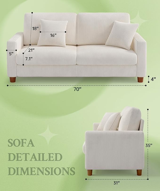 70.2" Couches for Living Room, Comfy Beige Couch 7.1" Extra Thick Cushion, Sofas for Living Room Tool-Free Setup, Loveseat Sofa 705lbs Support, Corduroy Couch for Bedroom, Apartment, Office