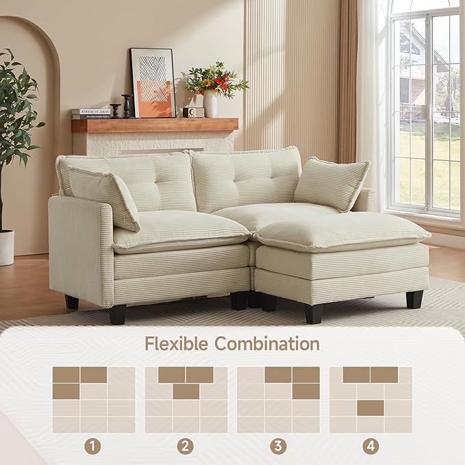 Modular Sectional Sofa, 76.5" L-Shaped Corduroy Comfy Sectional Couches for Living Room, 2-Seater Cloud Couches with 1 Movable Ottoman, Flexible Combination Modern Deep Seat Sofa (Beige)