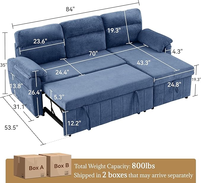 Tbfit 84'' Sleeper Sofa Bed, 3 in 1 Cloud Pull Out Sofa Couch with USB & Storage Chaise, Chenille Convertible Sofa Bed with Pull Out Bed, Couches for Living Room, Apartment, Office, Blue