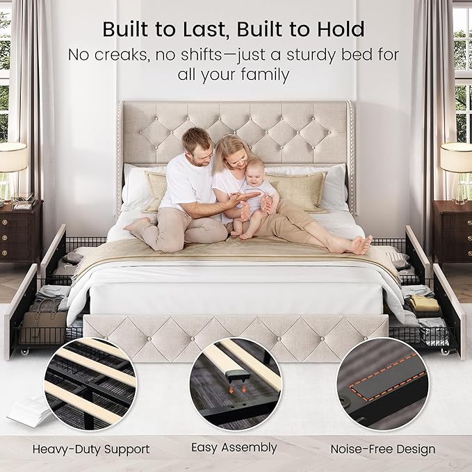 LARMACE Queen Size Bed Frame with 4 Storage Drawers and 47.2" Tall Tufted Headboard Linen Upholstered Platform Bed Frame Wingback Beds with Wooden Slats Support, Easy Assembly, Beige
