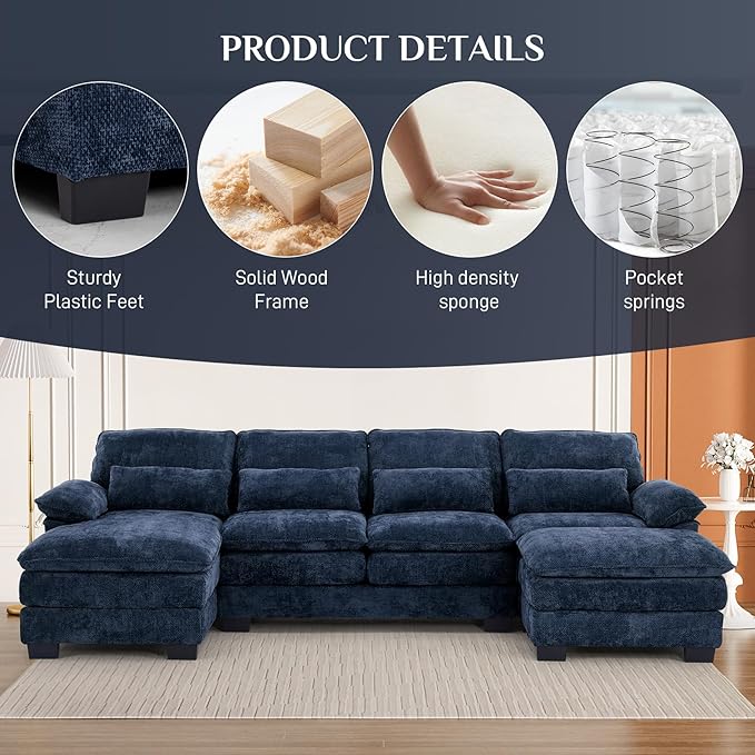 113" Cloud Couch Sectional Modular Sofa U Shaped Sectional Couches for Living Room Comfy 5-Seater Deep Seat Couch Chenille Cloud Sectional Sofa with Movable Ottoman & 4 Pillows, Blue
