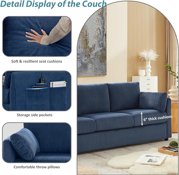 Living Room Sofa Set, Corduroy 3-Seat Couch with Set of 2 Accent Side Chairs, Soft Pillows and Side Pockets, Modern Living Room Furniture Sets for Apartment, Small Spaces, Navy Blue