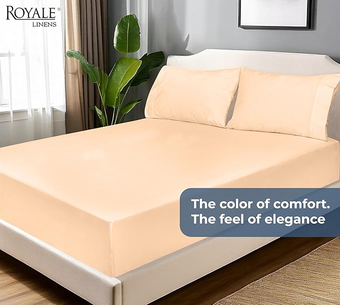 Royale Linens 100% Organic Cotton Fitted Sheet - Percale Weave - Super Soft Deep Pocket Bottom Sheets - Elastic Sheet Twin XL Size - Twin XL Fitted Sheets Only - (39"x80"+15", Sand)